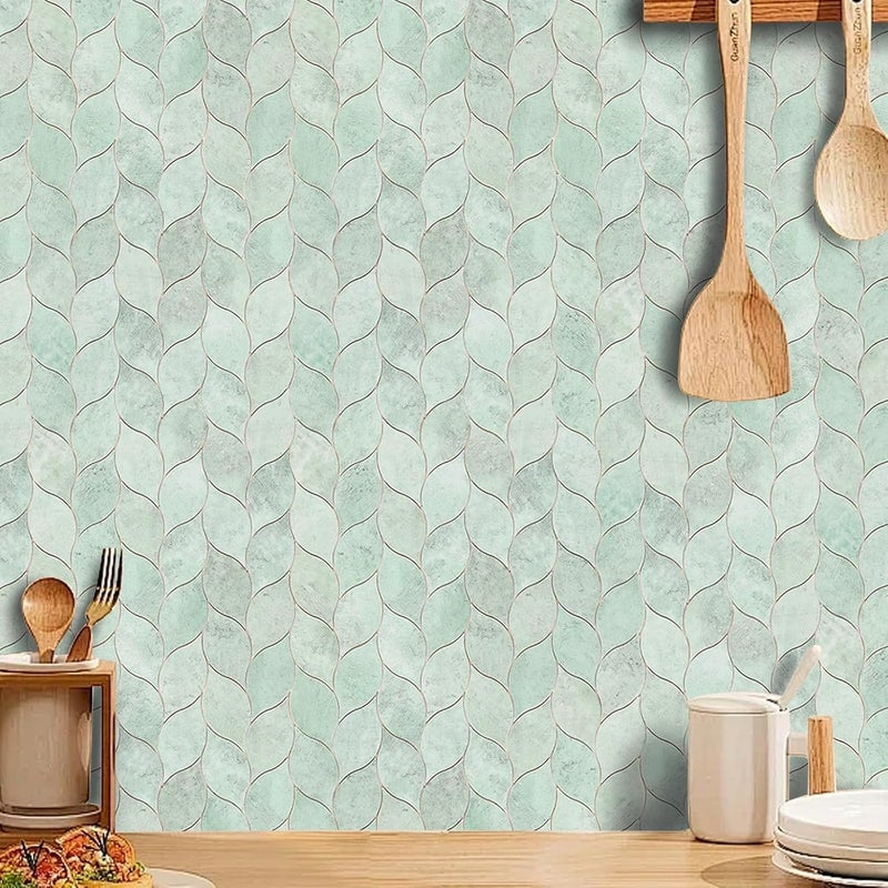 Tilingview 10-Sheet Peel and Stick Backsplash Tile for Kitchen, Self-Adhesive Mosaic Glossy Leaf Stick on Wall Tile with Gaps (Light Green) - Image 3